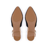 Anais: Black Suede & Gold Leather Pointed T-Bar Flats - Pre-Order (Dispatch w/c 24/03)