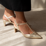 Ariel Pointed T-Bar Mid-Heel: Gold Leather - Pre-Order (Dispatch w/c 20/07/26)
