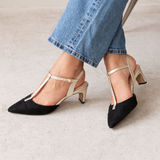 Ariel Pointed T-Bar Mid-Heel: Black Suede & Gold - Pre-Order (Dispatch w/c 20/07/26)