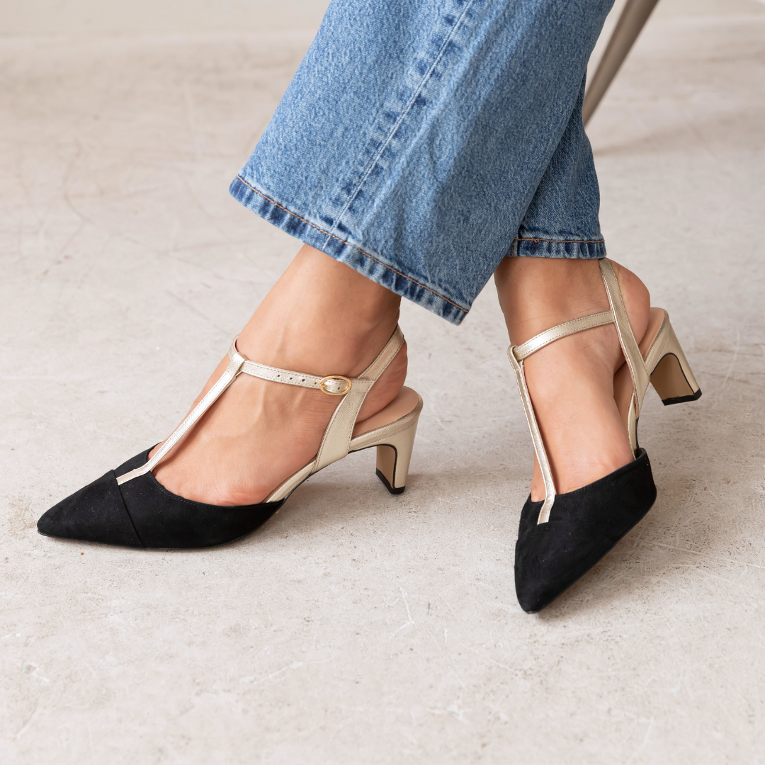 Ariel Pointed T Bar Mid Heel Suede & Gold