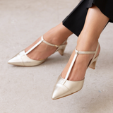 Ariel Pointed T-Bar Mid-Heel: Gold Leather - Pre-Order (Dispatch w/c 20/07/26)