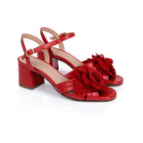 Flora: Red Leather & Flower Block Heel Sandals