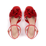 Flora: Red Leather & Flower Block Heel Sandals