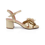 Flora: Gold Leather & Flower Block Heel Sandals