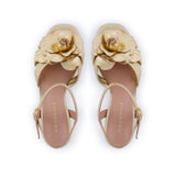 Flora: Gold Leather & Flower Block Heel Sandals