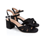 Frankie: Black Shimmer Suede Block Heel Sandals