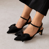 Bisou Bow Pointed Mid-Heel: Black Suede - Pre-Order (Dispatch w/c 20/07/26)