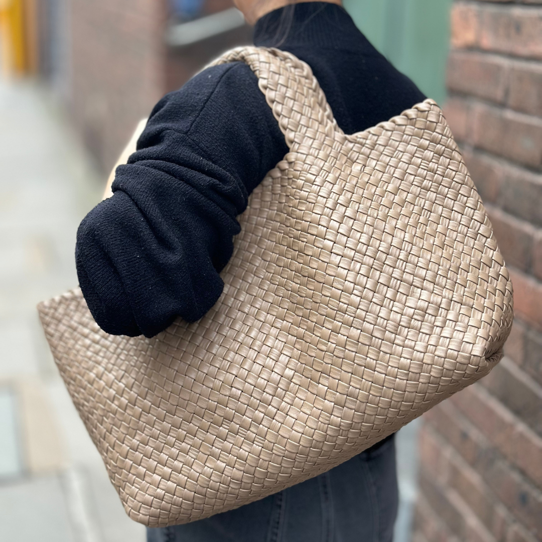 LUSSO: TAUPE WOVEN LEATHER HANDBAG