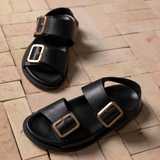Gala Two Bar Back Strap Sandals: Black Leather
