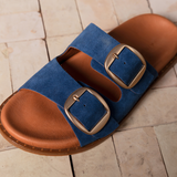 Talia Two Bar Sandals: Blue Suede - Pre-Order (Dispatch w/c 13/04/26)
