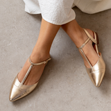 Anais: Gold Leather Pointed T-Bar Flats - Pre-Order (Dispatch w/c 23/03/26)
