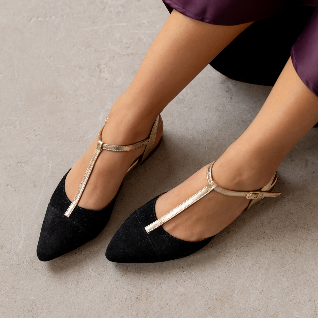 Anais Pointed T Bar Flats Suede & Gold