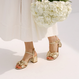 Dancing Queen Block Heel Sandals: Gold Metallic Leather