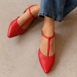 Anais Pointed T-Bar Flats: Red Leather