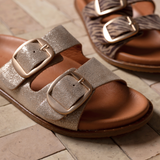 Talia Two Bar Sandals: Gold Shimmer Suede - Pre-Order (Dispatch w/c 13/04/26)