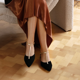 Anais: Black Suede & Gold Leather Pointed T-Bar Flats