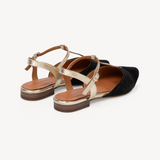Anais: Black Suede & Gold Leather Pointed T-Bar Flats