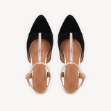 Anais: Black Suede & Gold Leather Pointed T-Bar Flats