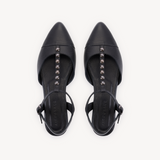 Anais: Black Leather Studded Pointed T-Bar Flats
