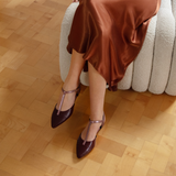 Anais: Burgundy Leather Pointed T-Bar Flats