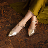 Anais: Gold Leather Pointed T-Bar Flats - Pre-Order (Dispatch w/c 06/10)