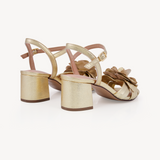 Flora: Gold Leather & Flower Block Heel Sandals
