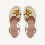 Flora: Gold Leather & Flower Block Heel Sandals