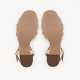 Flora: Gold Leather & Flower Block Heel Sandals