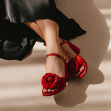 Flora: Red Leather & Flower Block Heel Sandals